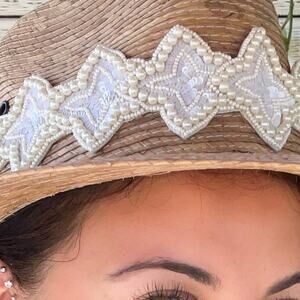 Beaded Star Adjustable Belt or Hat Band Ivory White